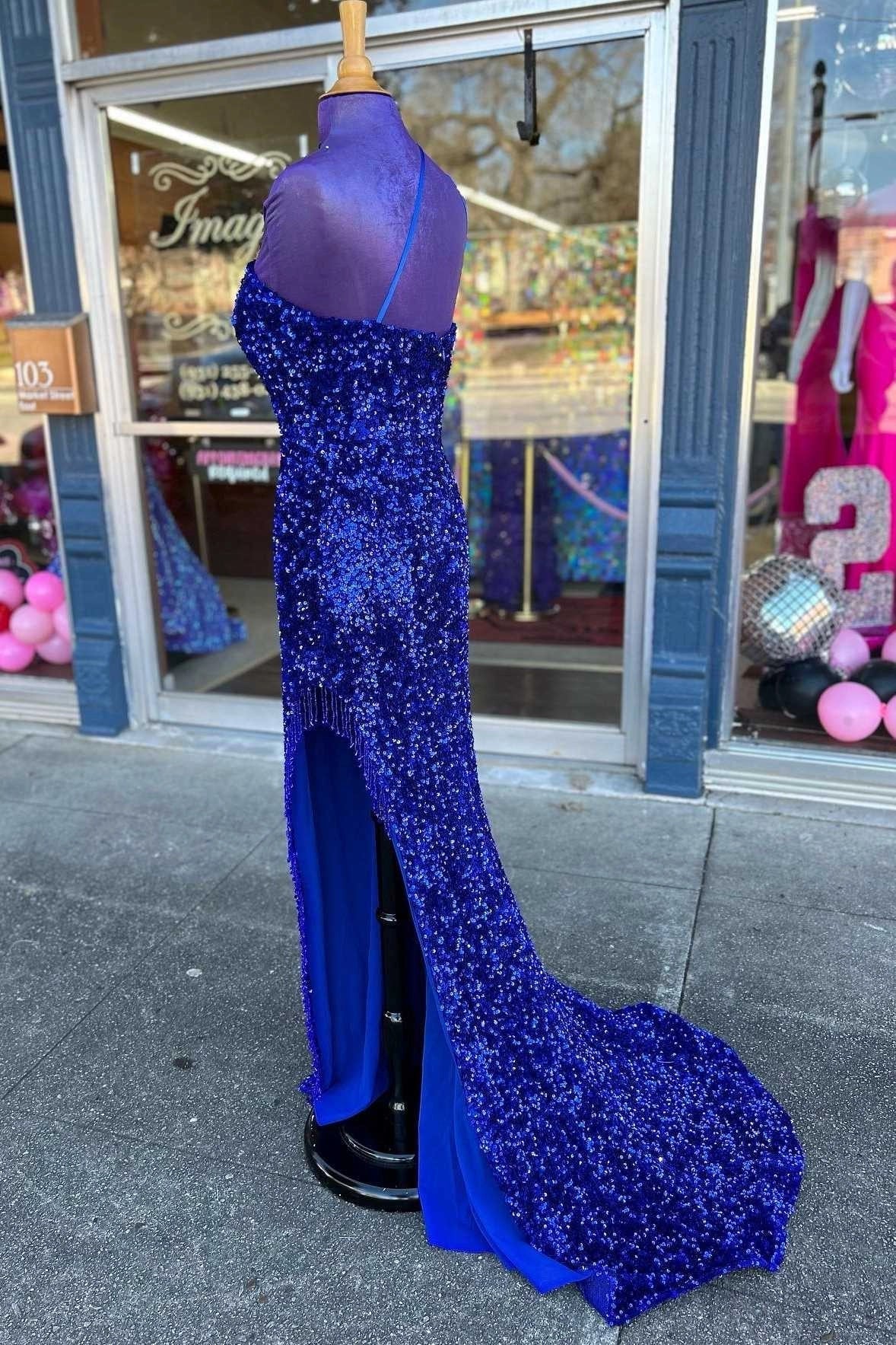 Royal Blue Sequin One-Shoulder Backless Long Prom Dresses with Slit Evening Party Dress simple gentle atmospheric and unique desi Bring summer colors to enhance whiteness by YiHuiw