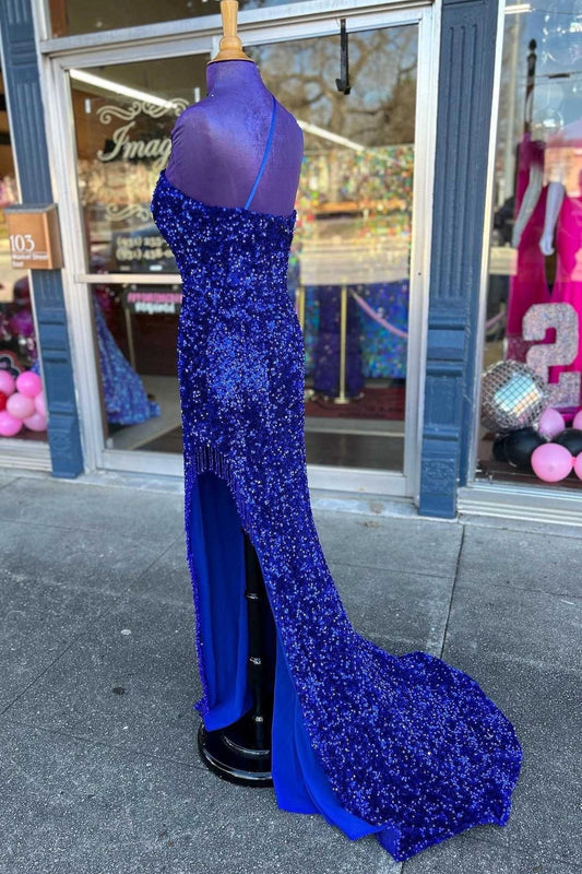 Royal Blue Sequin One-Shoulder Backless Long Prom Dresses with Slit Evening Party Dress simple gentle atmospheric and unique desi Bring summer colors to enhance whiteness by YiHuiw