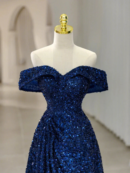 Royal Blue Sequins Long Prom Dress Off the Shoulder Formal Evening Dresses simple gentle atmospheric and unique desi Bring summer colors to enhance whiteness by YiHuiw