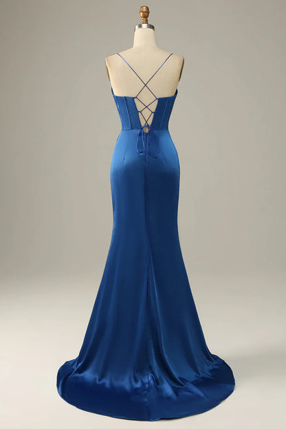 Royal Blue Satin Mermaid Prom Dress with Sweetheart Neckline and High Slit – Elegant Lace-Up Evening Gown