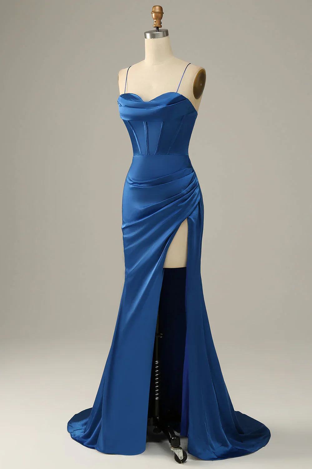 Royal Blue Satin Mermaid Prom Dress with Sweetheart Neckline and High Slit – Elegant Lace-Up Evening Gown