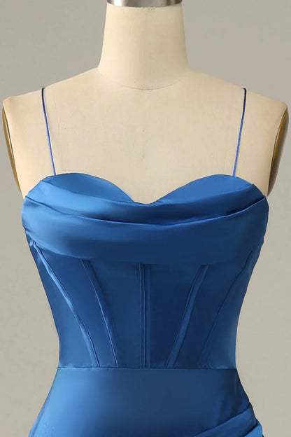 Royal Blue Satin Mermaid Prom Dress with Sweetheart Neckline and High Slit – Elegant Lace-Up Evening Gown
