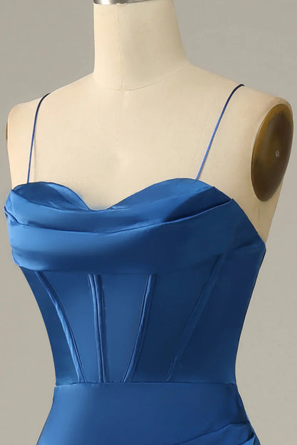 Royal Blue Satin Mermaid Prom Dress with Sweetheart Neckline and High Slit – Elegant Lace-Up Evening Gown