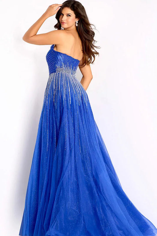 Royal Blue Strapless Beaded Tulle Ball Dress with Silver Sunburst Embellishments and Sweep Train