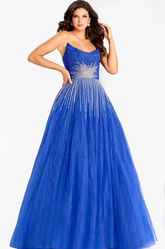 Royal Blue Strapless Beaded Tulle Ball Dress with Silver Sunburst Embellishments and Sweep Train