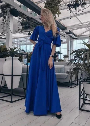 Royal blue long dress with V-neck design and flared sleeves, suitable for dinners, parties, etc by YiHuiw
