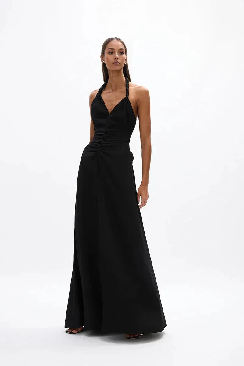 Ruched A Line Halter Neck Sleeveless Open Back Floor Length Hot sale Prom Dress by YiHuiw