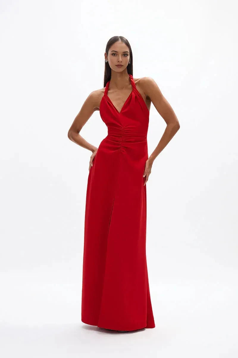 Ruched A Line Halter Neck Sleeveless Open Back High Slit Floor Length For Ladies Prom Dress by YiHuiw