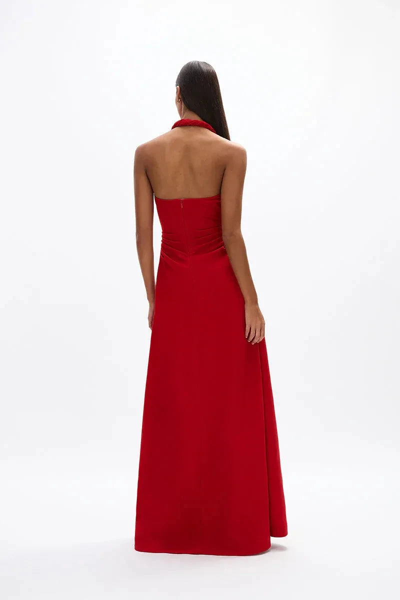 Ruched A Line Halter Neck Sleeveless Open Back High Slit Floor Length For Ladies Prom Dress by YiHuiw