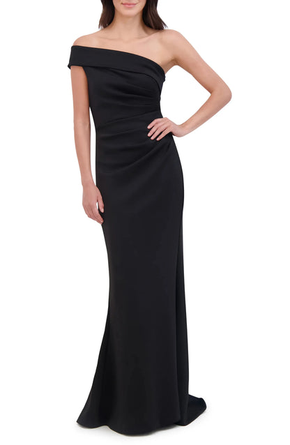 Ruched Accent Mermaid Off the Shoulder One Sleeve Open Back Train Length Female Evening Dress by YiHuiw
