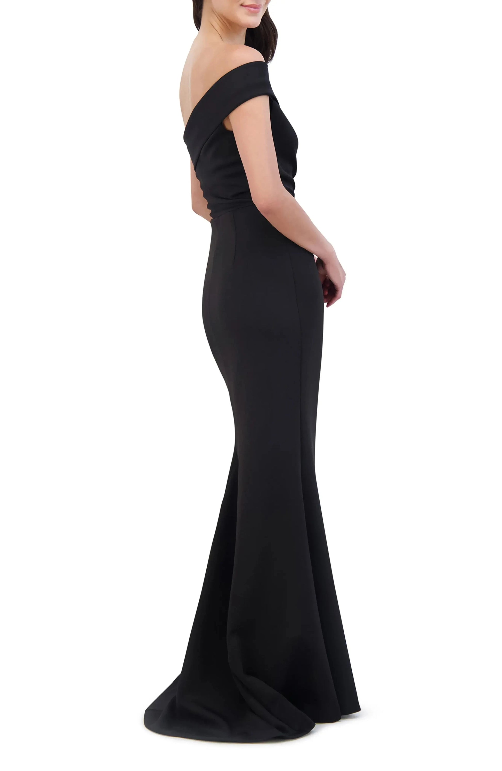 Ruched Accent Mermaid Off the Shoulder One Sleeve Open Back Train Length Female Evening Dress by YiHuiw