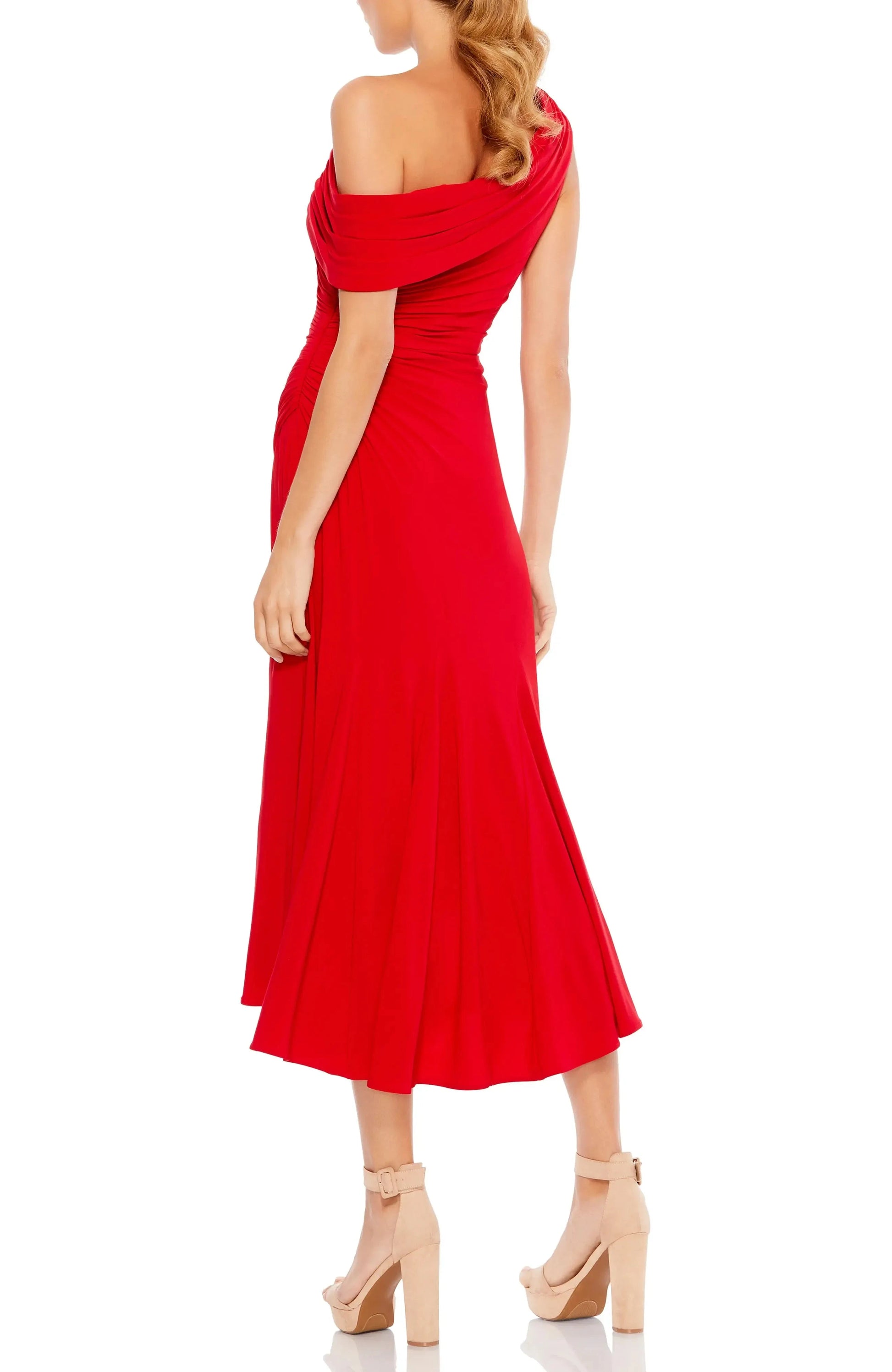 Ruched Fit and Flare One Shoulder Sleeveless Open Back Asymmetrical Midi Length For Ladies Evening Dress by YiHuiw