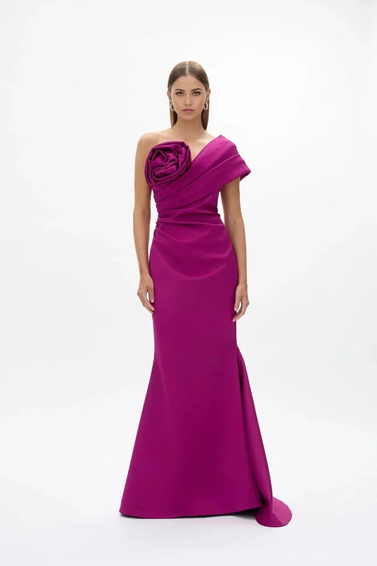 Ruched Mermaid One Shoulder Sleeveless Zipper Back Train Floor Length Female Prom Dress by YiHuiw