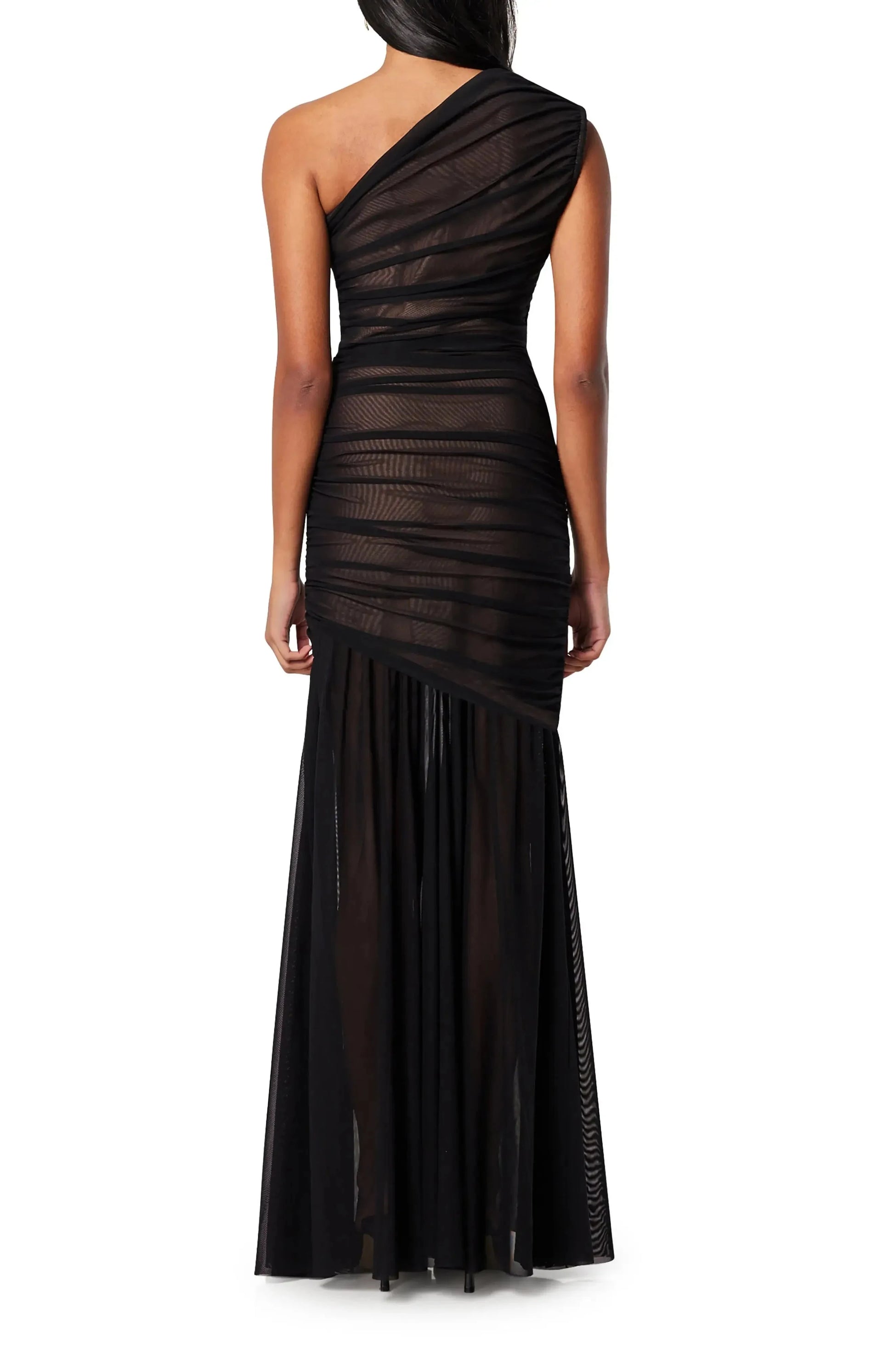 Ruched Mesh Trumpet One Shoulder Single Sleeve Zipper Back Floor Length For Adults Evening Dress by YiHuiw