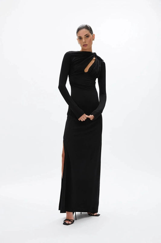 Ruched Sheath Mock Neck Long Sleeve Cutout Back High Slit Floor Length Female Prom Dress by YiHuiw