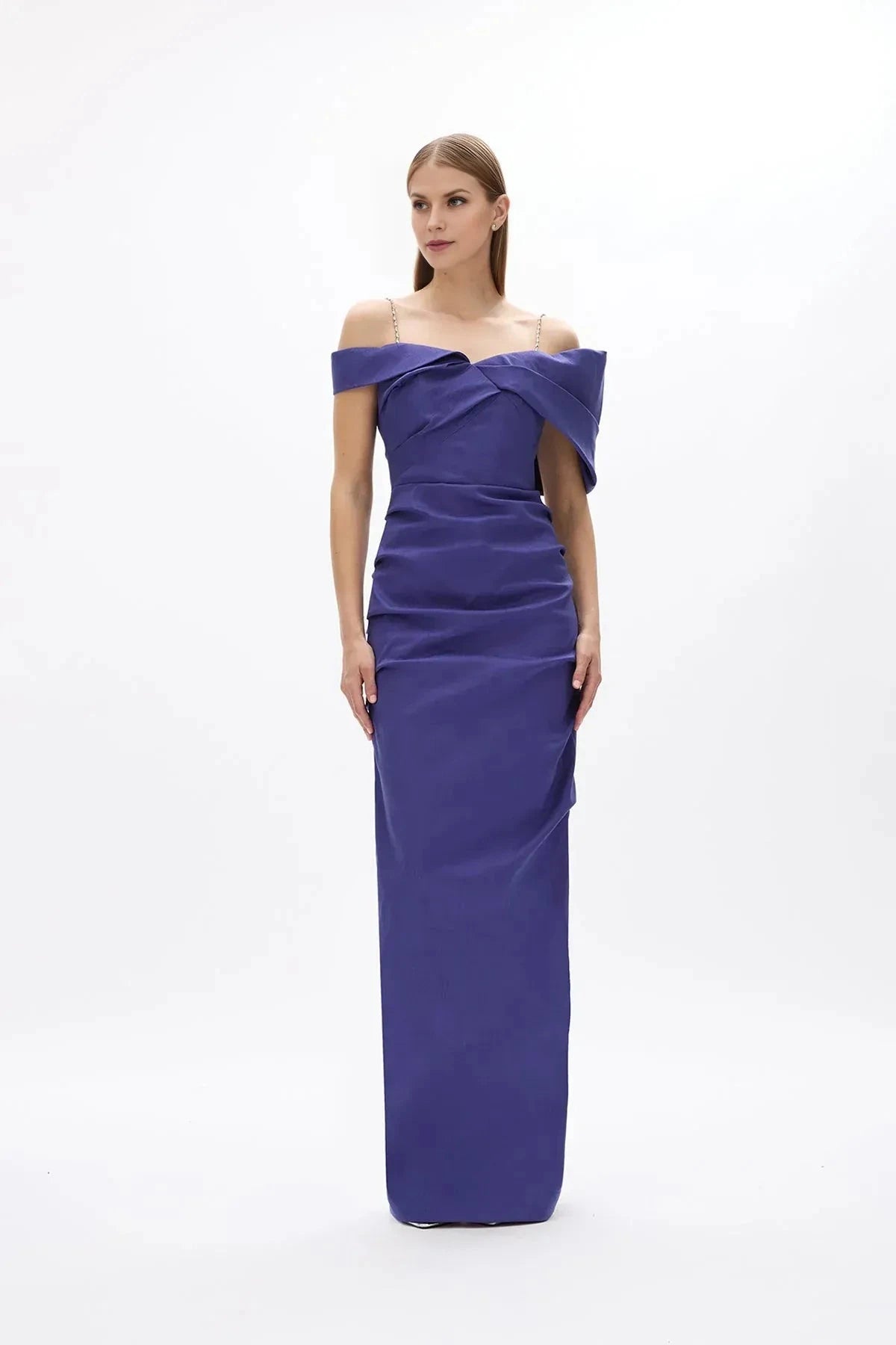 Ruched Sheath Off the Shoulder Sleeveless V Back High Slit Floor Length Hot sale Prom Dress by YiHuiw