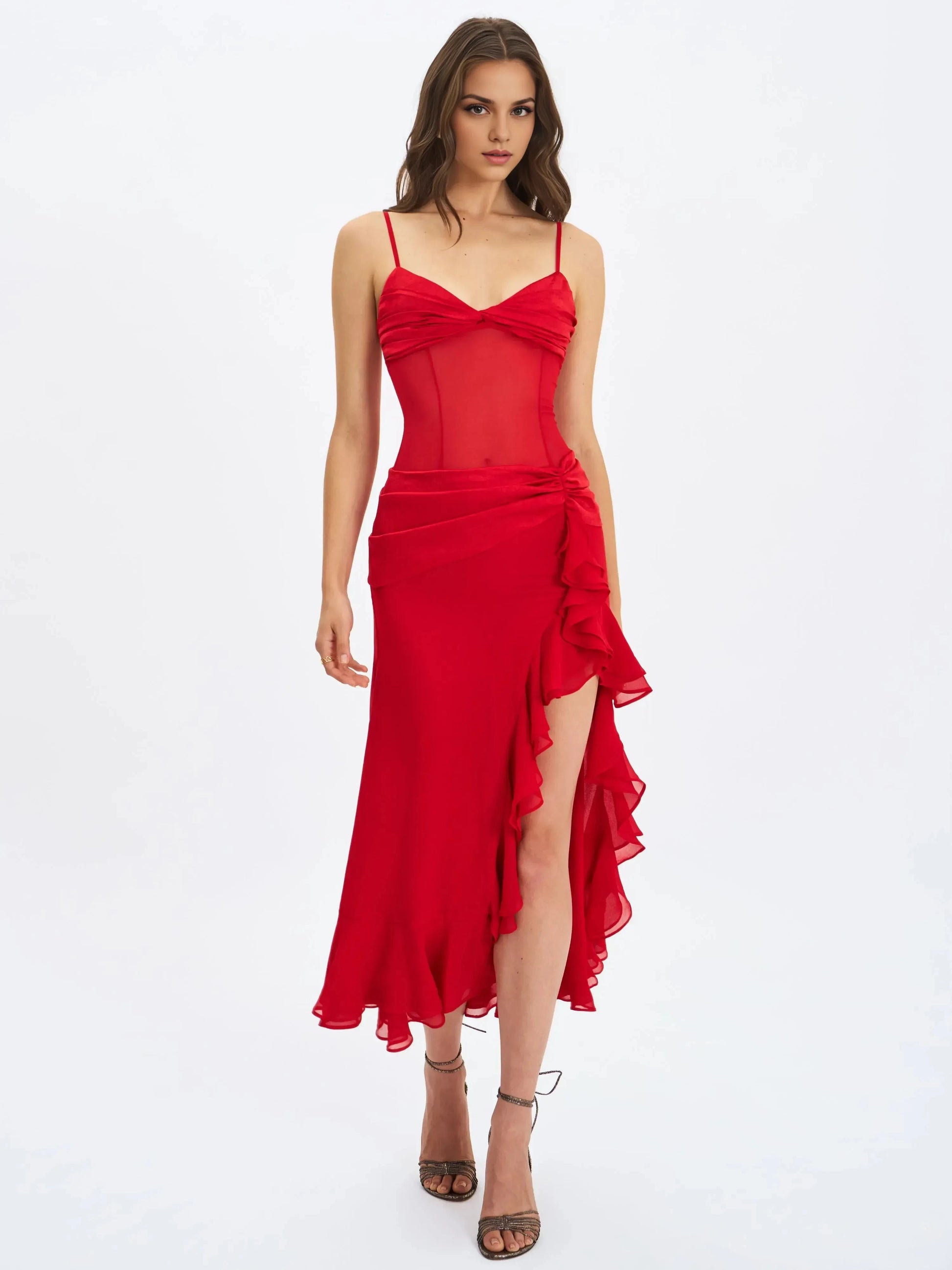 Ruched Sheath Sweetheart Neck Spaghetti Strap Zipper Back Asymmetrical Midi Length For Women Evening Dress by YiHuiw