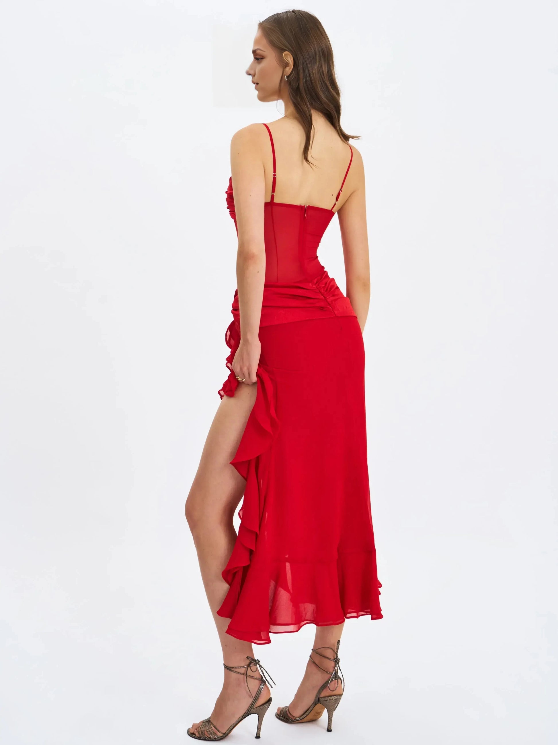 Ruched Sheath Sweetheart Neck Spaghetti Strap Zipper Back Asymmetrical Midi Length For Women Evening Dress by YiHuiw