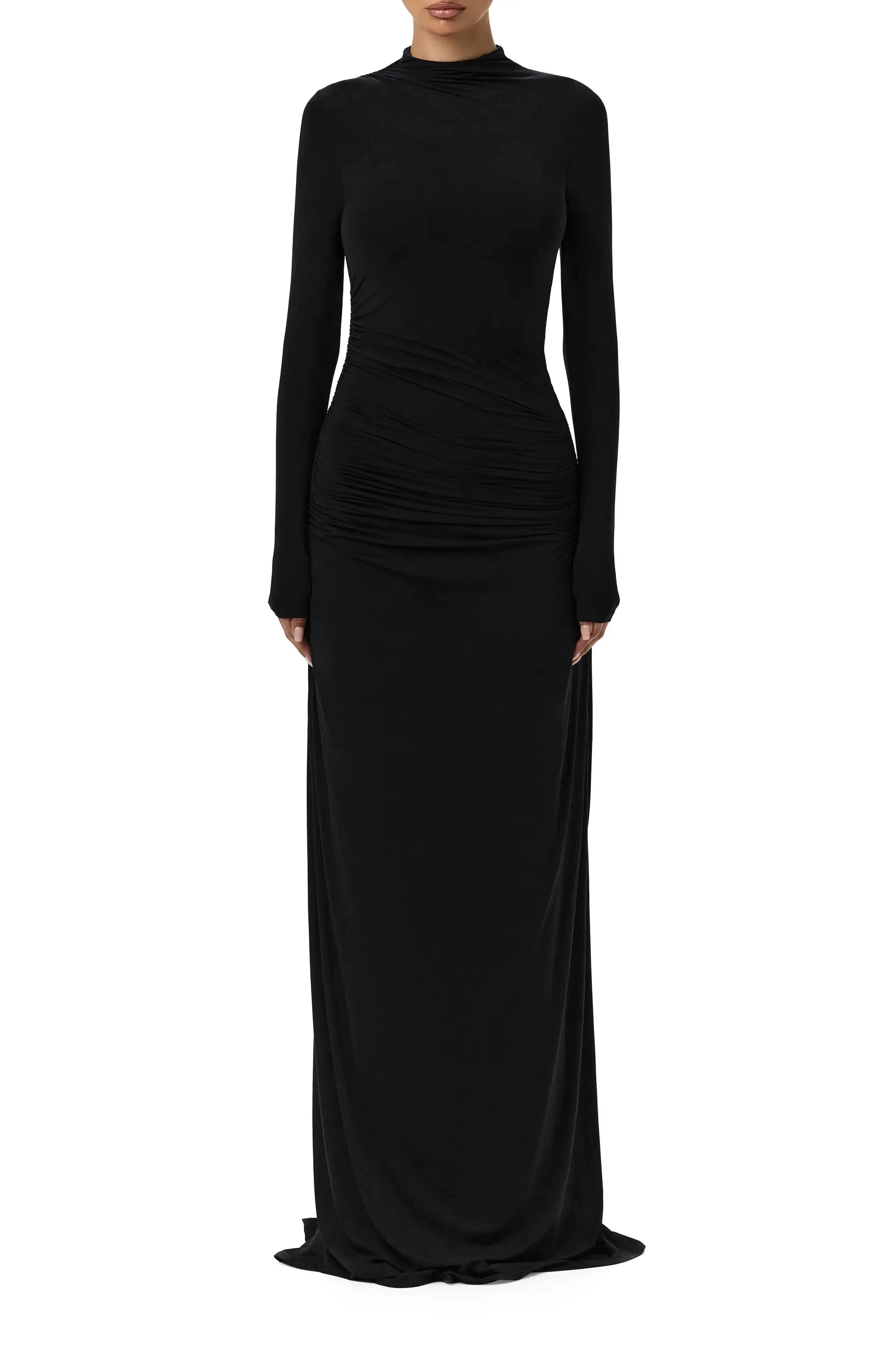Ruched Trim Column Mock Neck Long Sleeve Zipper Back Train Length For Adults Evening Dress by YiHuiw