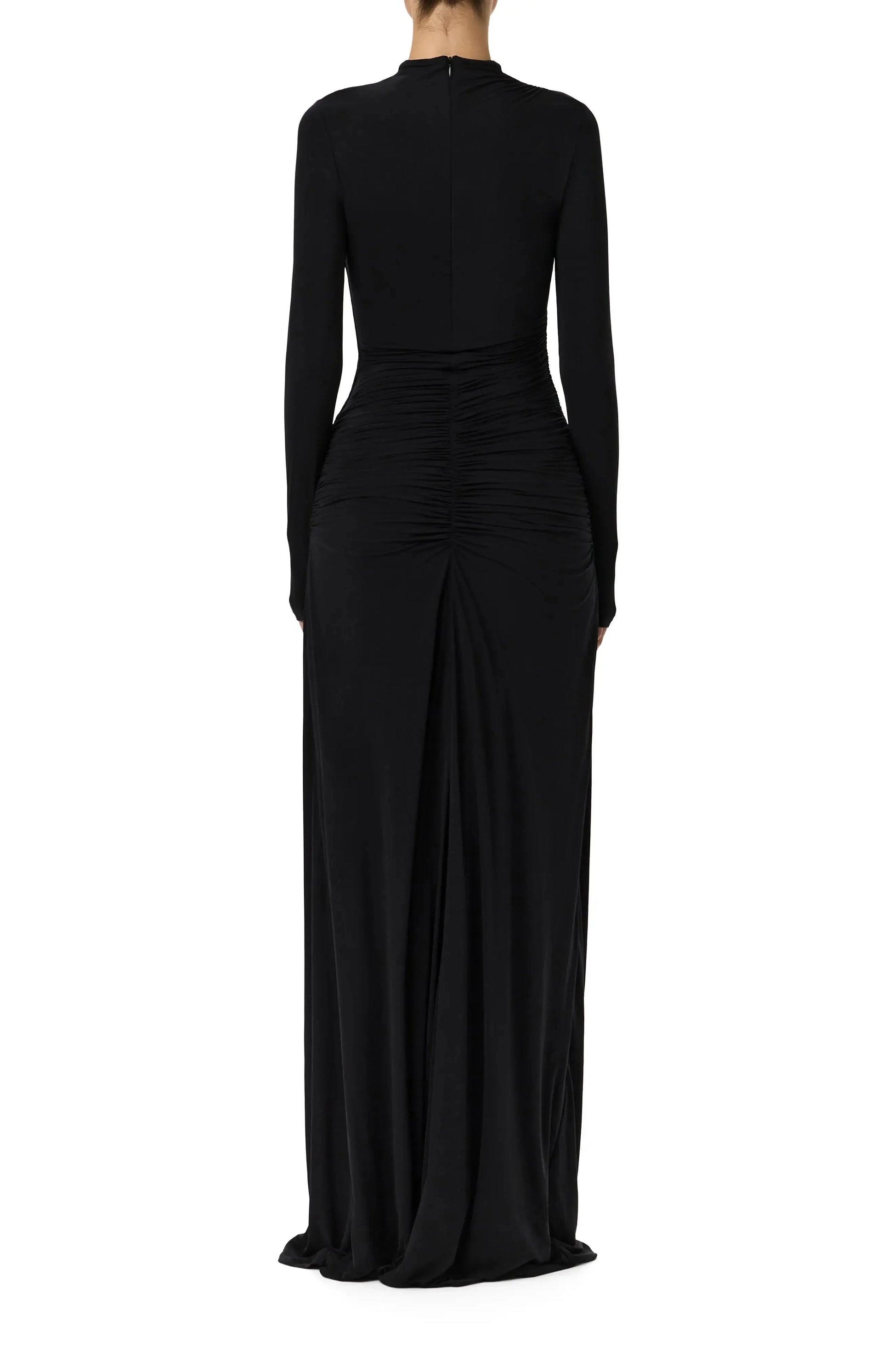 Ruched Trim Column Mock Neck Long Sleeve Zipper Back Train Length For Adults Evening Dress by YiHuiw