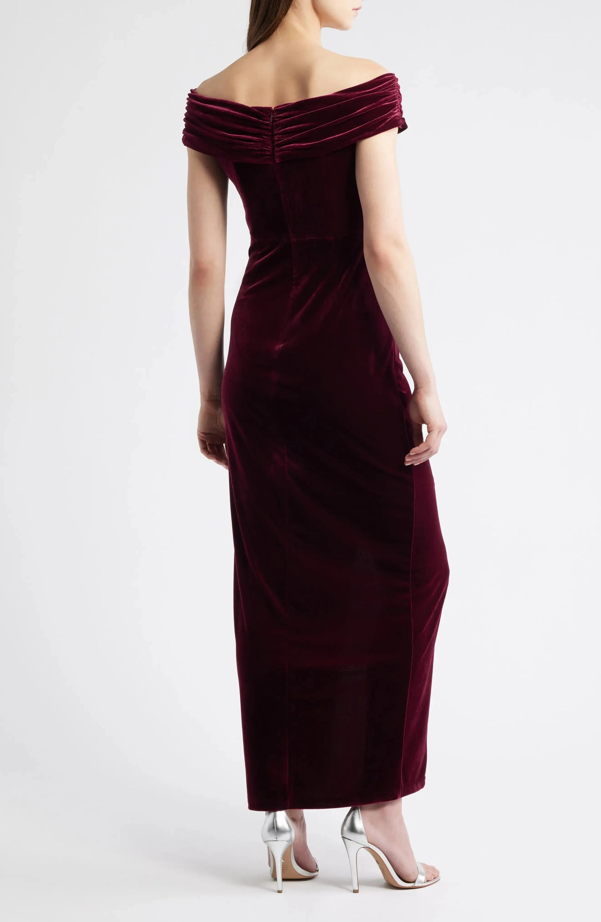 Ruched Trim Sheath Off the Shoulder Short Sleeve Open Back Midi Length Female Evening Dress by YiHuiw