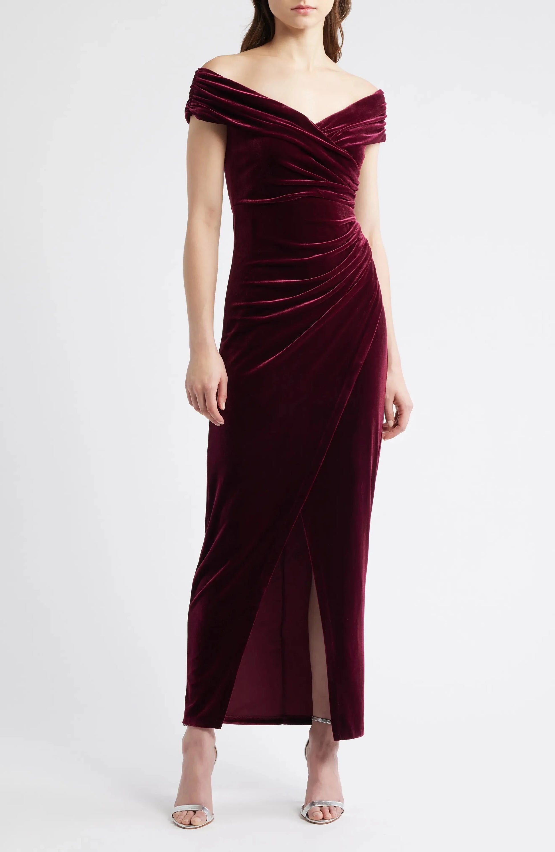 Ruched Trim Sheath Off the Shoulder Short Sleeve Open Back Midi Length Female Evening Dress by YiHuiw