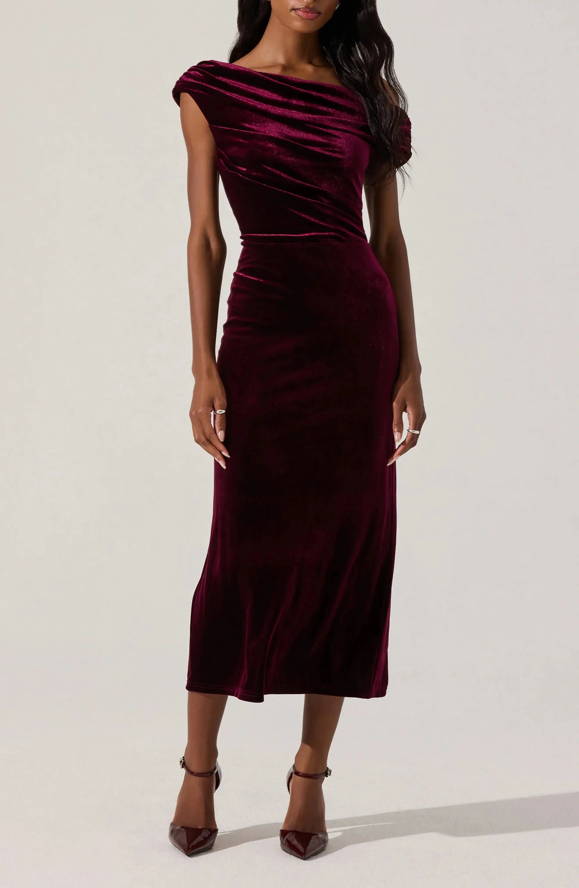 Ruched Velvet Sheath One Shoulder Sleeveless Zipper Back Midi Length Female Evening Dress by YiHuiw