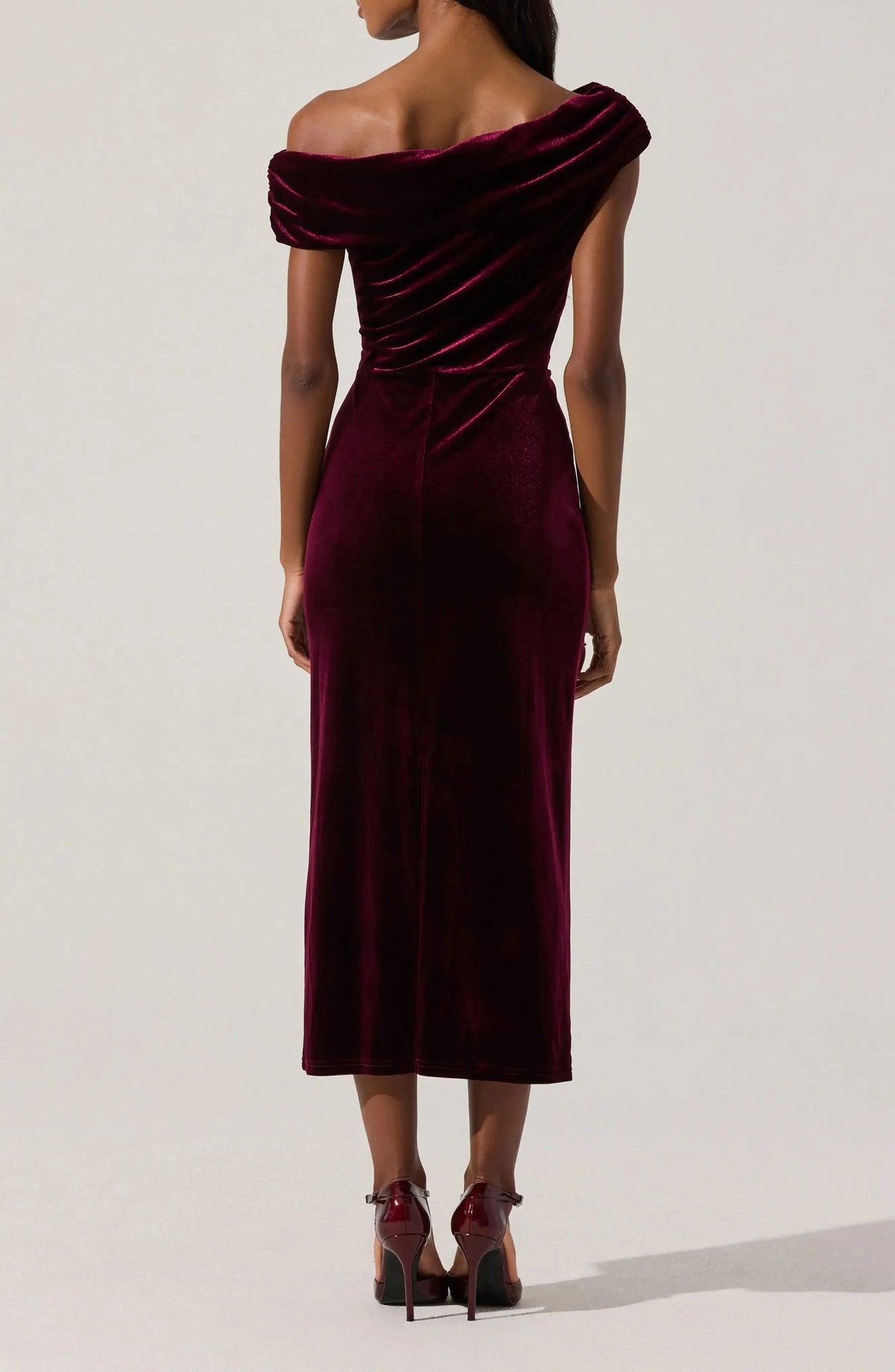 Ruched Velvet Sheath One Shoulder Sleeveless Zipper Back Midi Length Female Evening Dress by YiHuiw