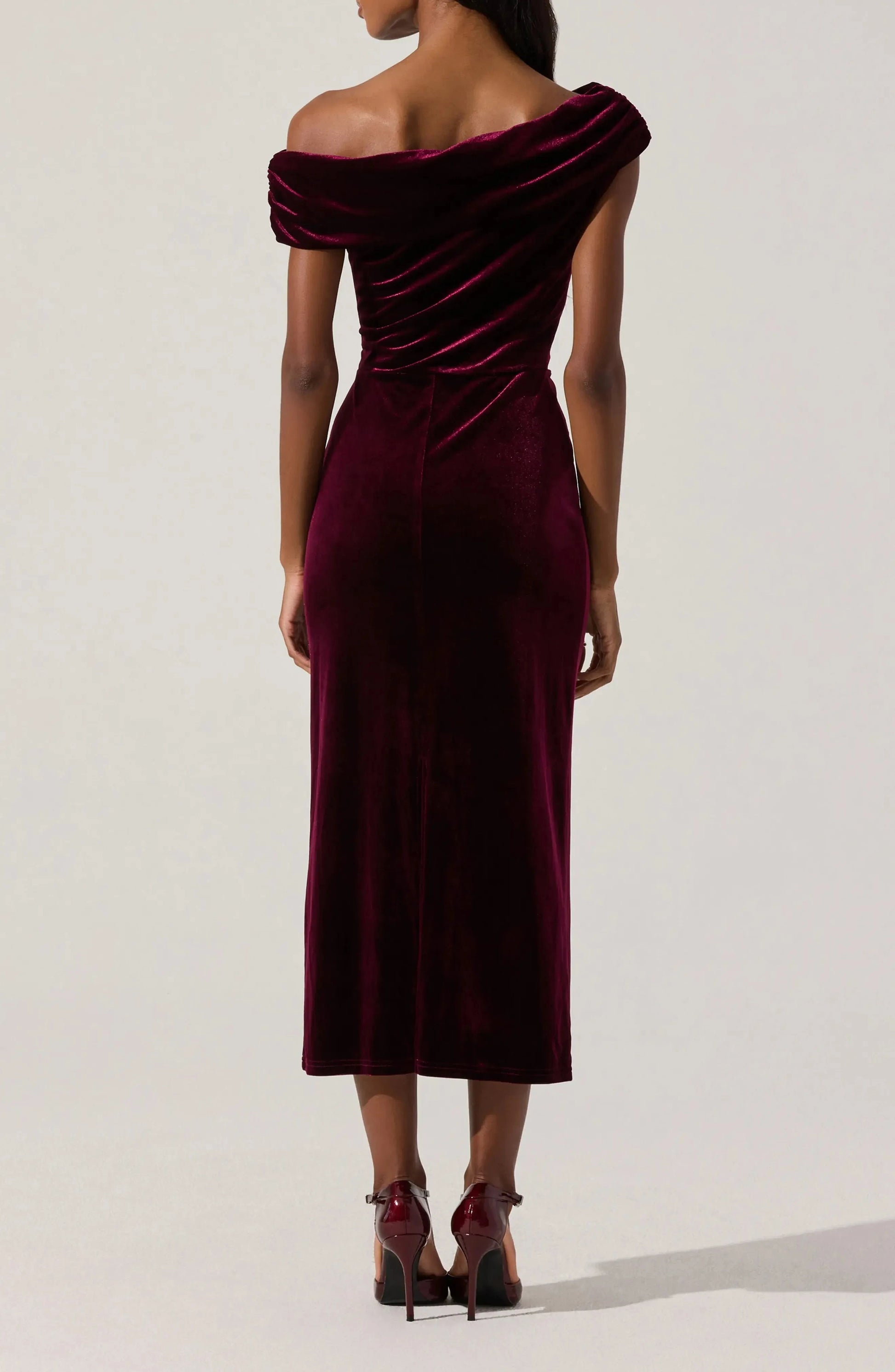 Ruched Velvet Sheath One Shoulder Sleeveless Zipper Back Midi Length Female Evening Dress by YiHuiw