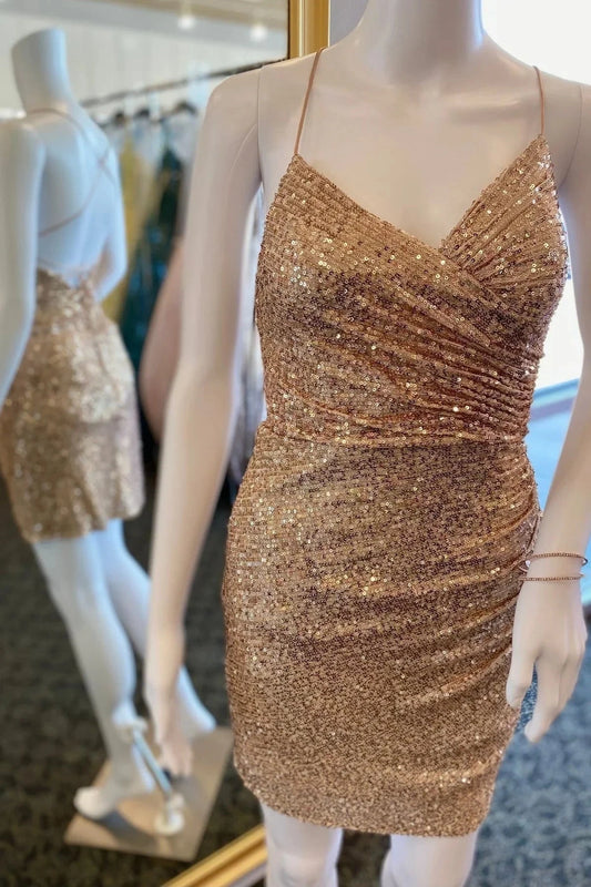 Ruched Golden Sequin Tight Short Prom Dress Cocktail Gown simple gentle atmospheric and unique desi Bring summer colors to enhance whiteness by YiHuiw