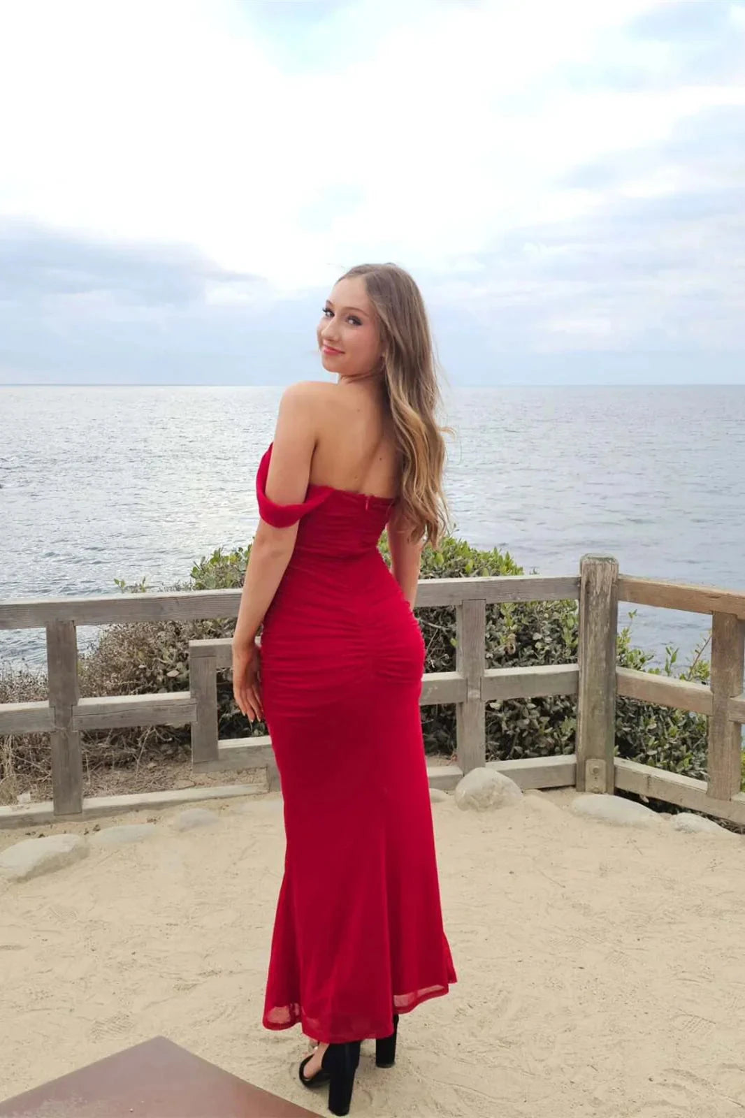 Ruched Mesh Off-the-Shoulder Sweetheart Neck Sleeveless Open Back Floor-Length Prom Dress by JiMiss Dresses