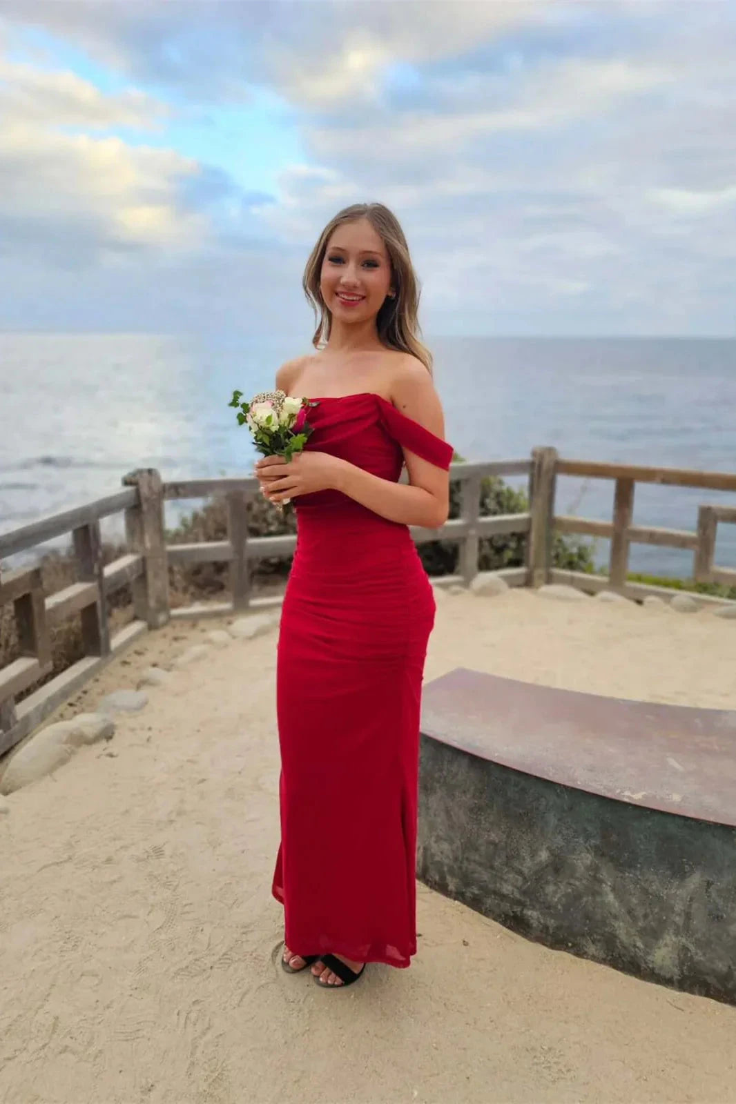 Ruched Mesh Off-the-Shoulder Sweetheart Neck Sleeveless Open Back Floor-Length Prom Dress by JiMiss Dresses
