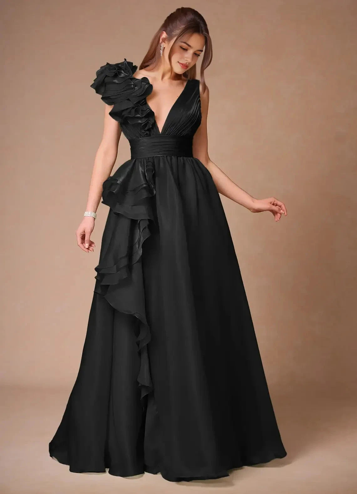 Ruffled A Line Plunging V Neck Sleeveless Deep Open Back Floor Length For Sale Evening Dress by YiHuiw
