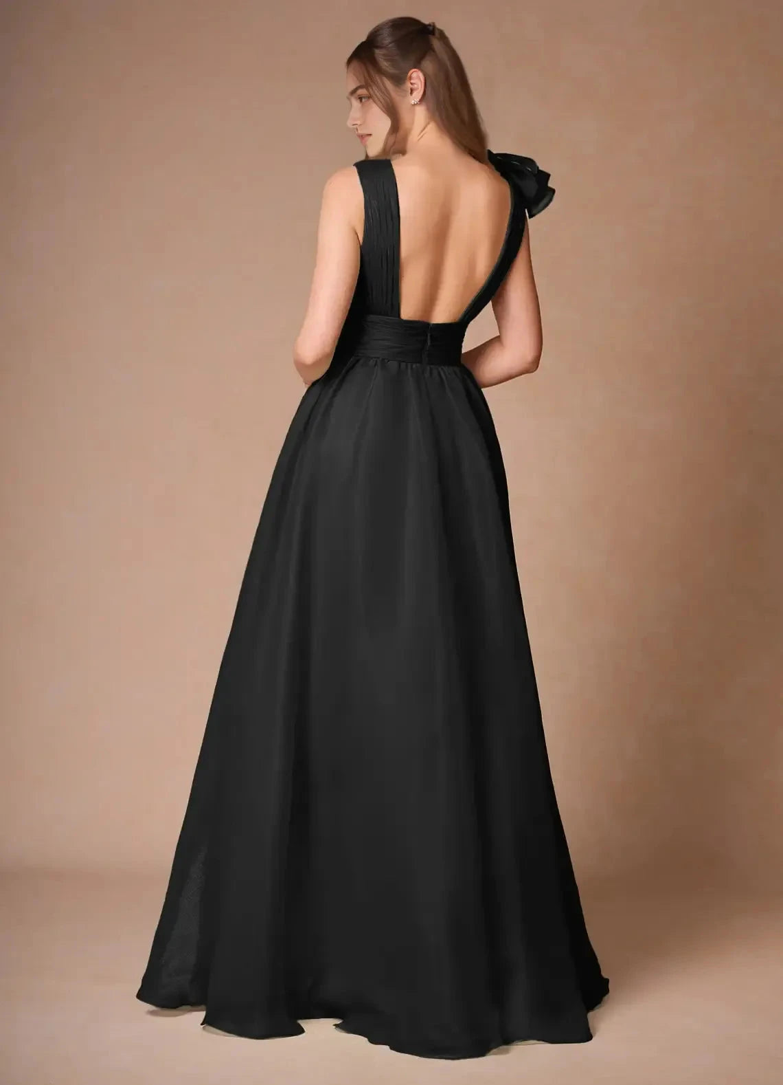 Ruffled A Line Plunging V Neck Sleeveless Deep Open Back Floor Length For Sale Evening Dress by YiHuiw