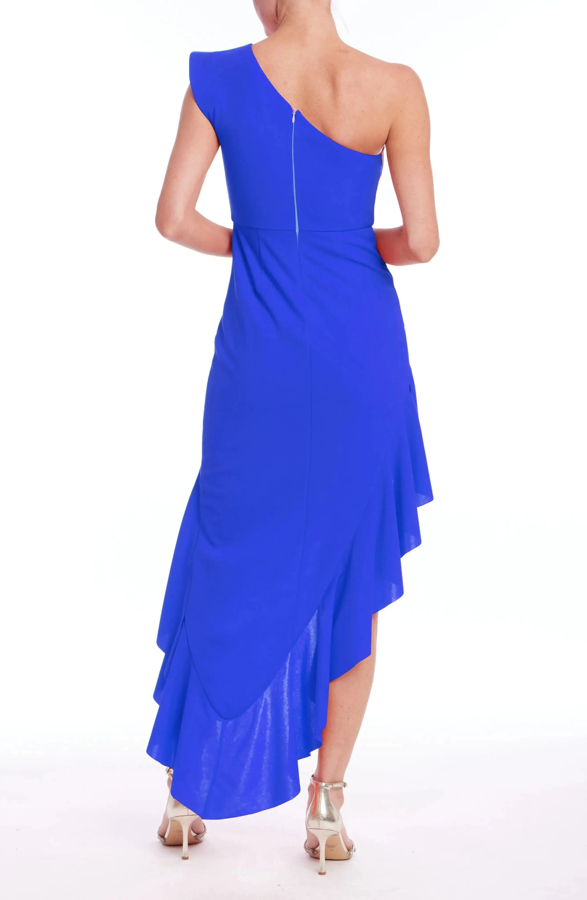 Ruffled Asymmetrical One Shoulder Single Sleeve Zipper Back High Low Length For Ladies Evening Dress by YiHuiw