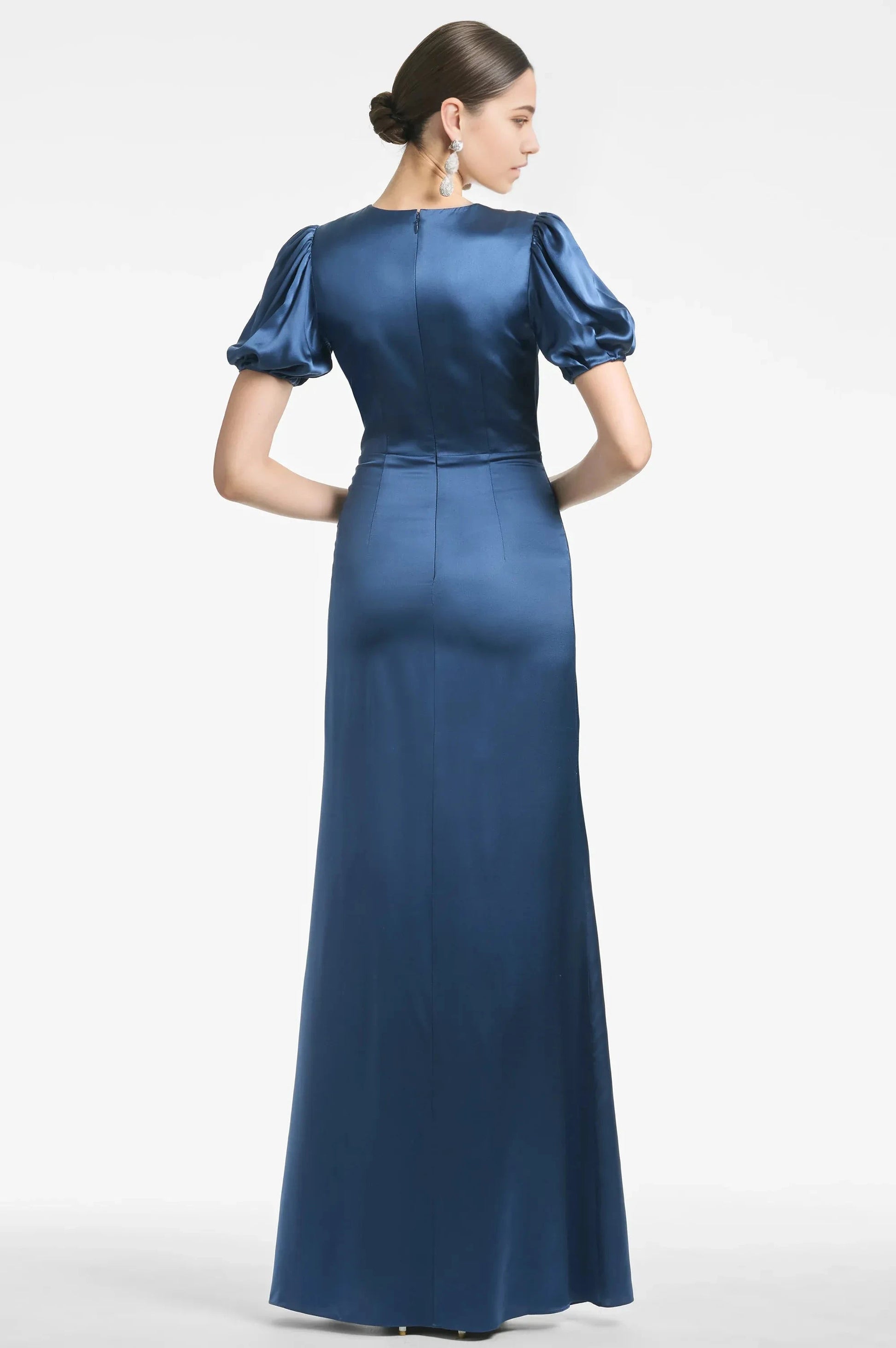 Ruffled Puff Sleeve Sheath V Neck Short Sleeve Zipper Back Floor Length For Women Evening Dress by YiHuiw