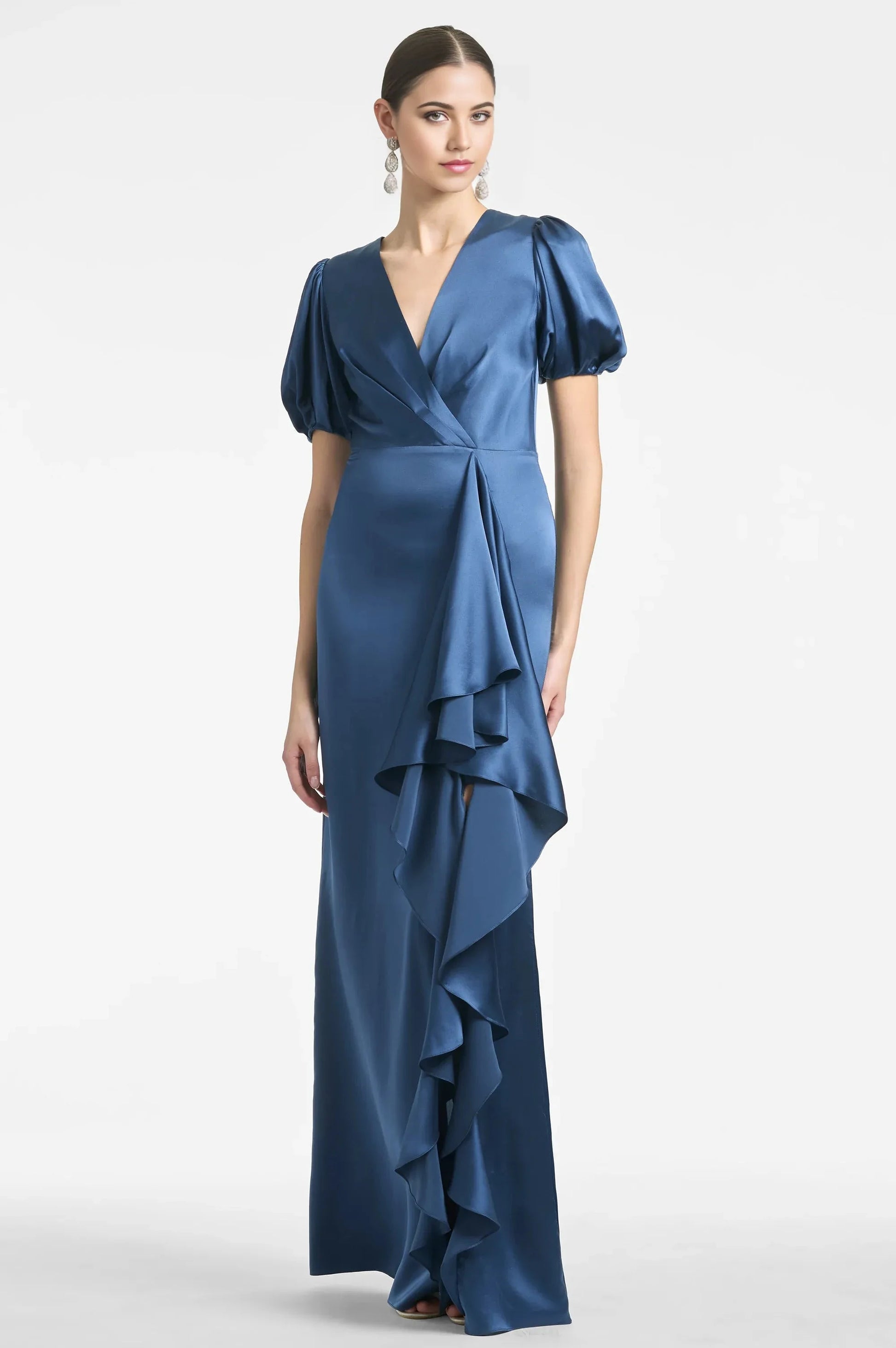 Ruffled Puff Sleeve Sheath V Neck Short Sleeve Zipper Back Floor Length For Women Evening Dress by YiHuiw