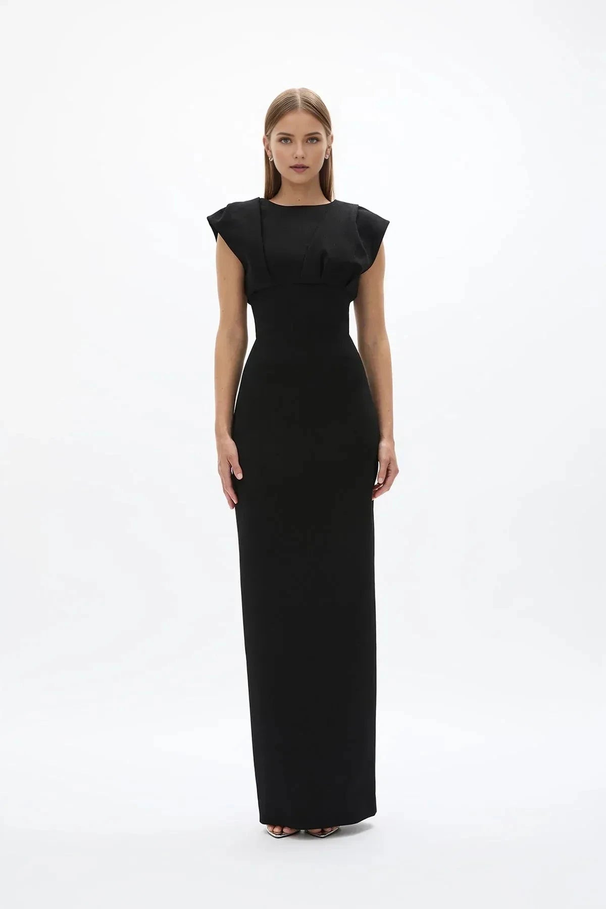 Ruffled Sheath Crew Neck Cap Sleeve V Back High Slit Floor Length For Sale Prom Dress by YiHuiw