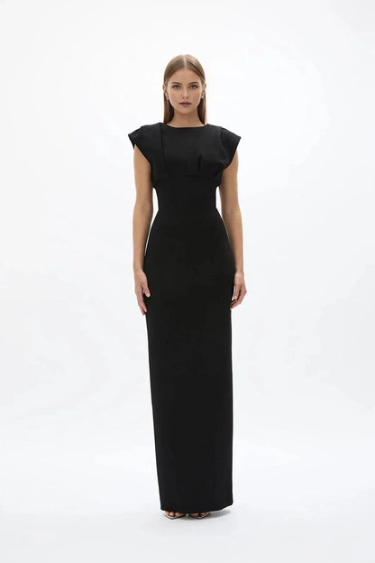 Ruffled Sheath Crew Neck Cap Sleeve V Back High Slit Floor Length For Sale Prom Dress by YiHuiw
