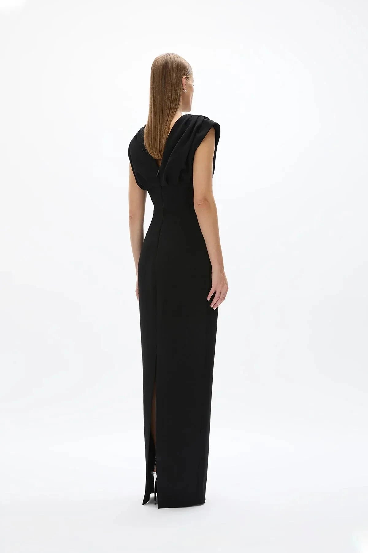 Ruffled Sheath Crew Neck Cap Sleeve V Back High Slit Floor Length For Sale Prom Dress by YiHuiw
