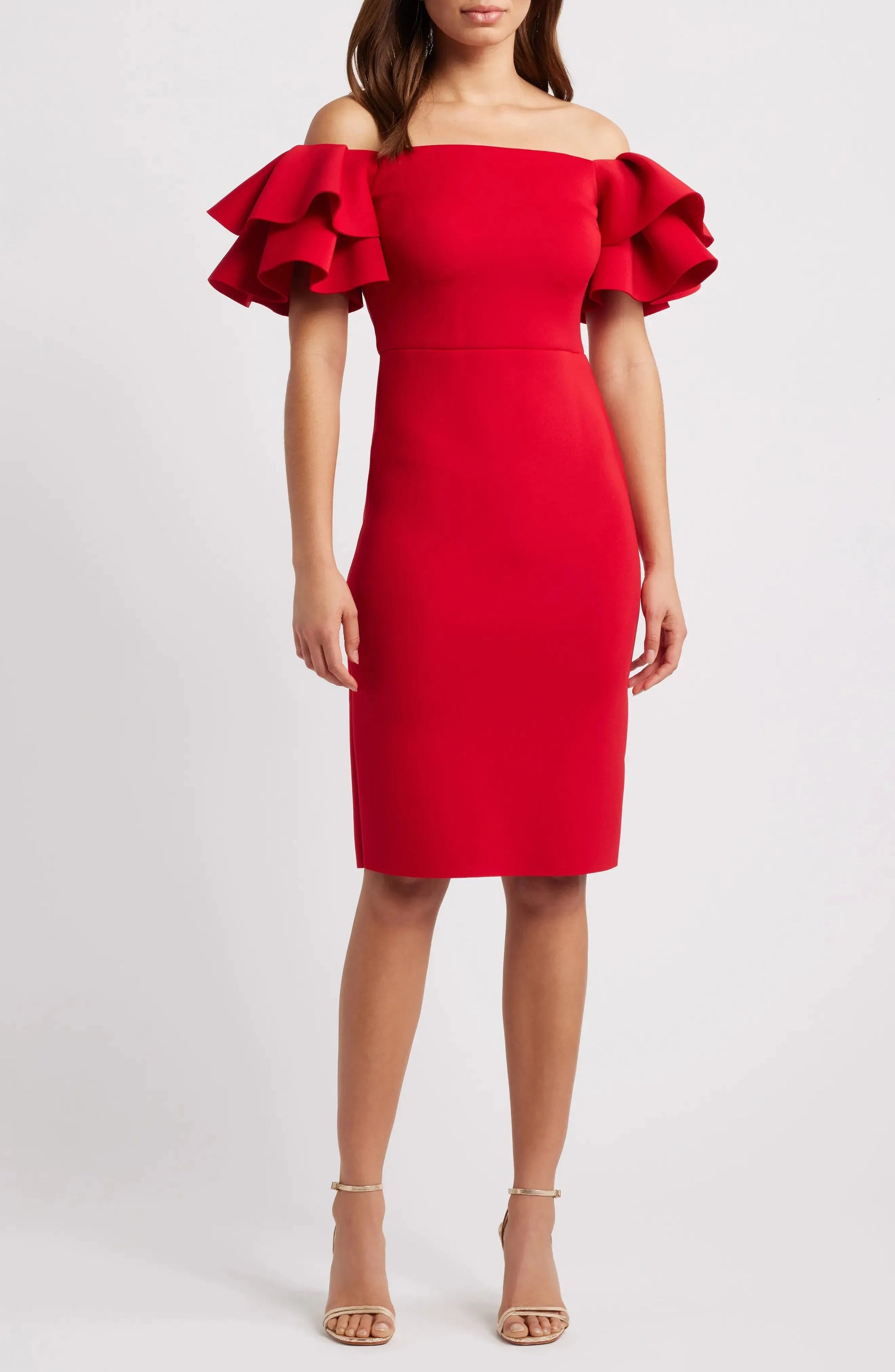 Ruffled Sheath Off the Shoulder Flounce Sleeve Zipper Back Midi Length For Ladies Evening Dress by YiHuiw