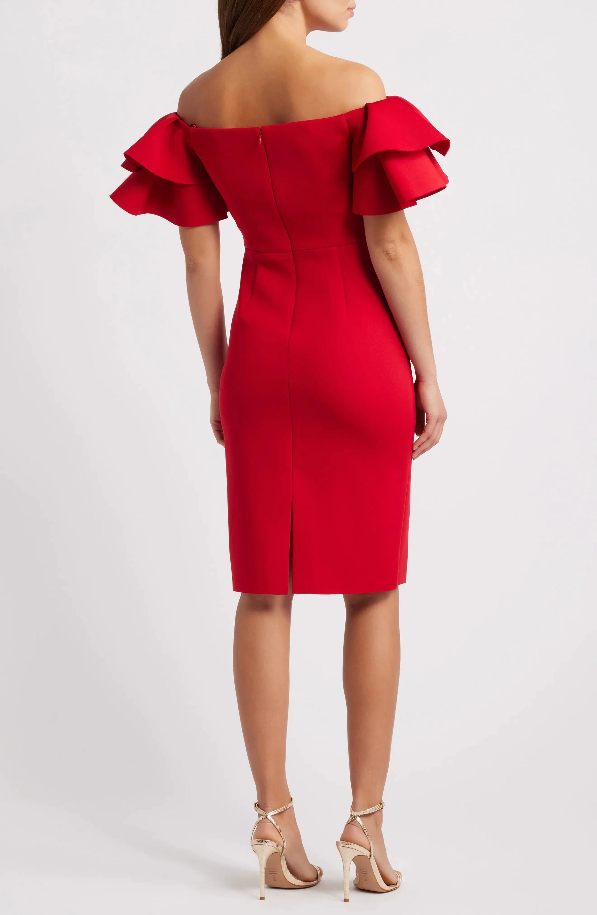 Ruffled Sheath Off the Shoulder Flounce Sleeve Zipper Back Midi Length For Ladies Evening Dress by YiHuiw