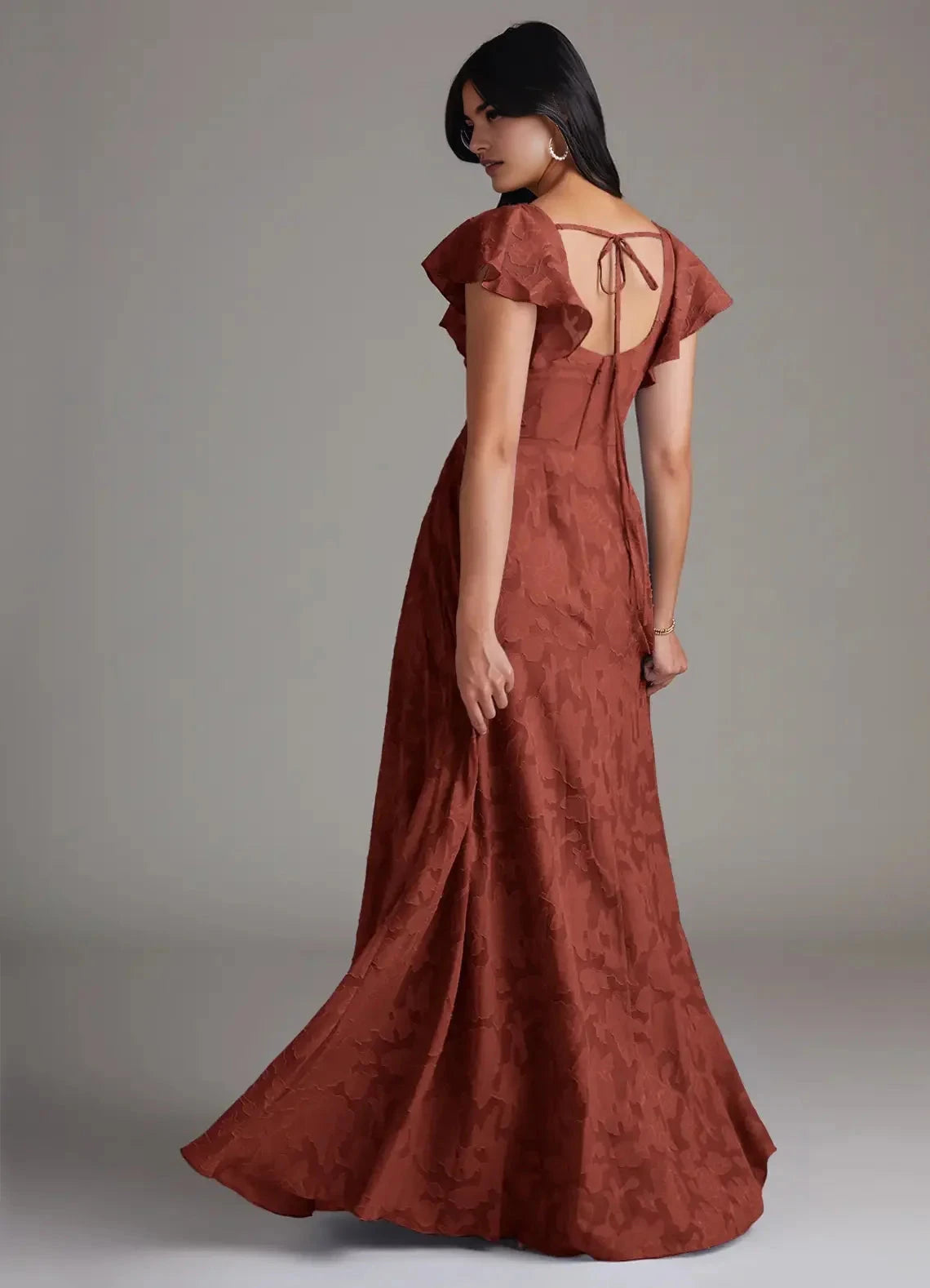 Rust Floral Jacquard Square Neck Maxi Dress with Flutter Sleeves and Side Slit Terracotta A-Line Side Slit Floral Burnout Dress Bridesmaid Dresses by YiHuiw