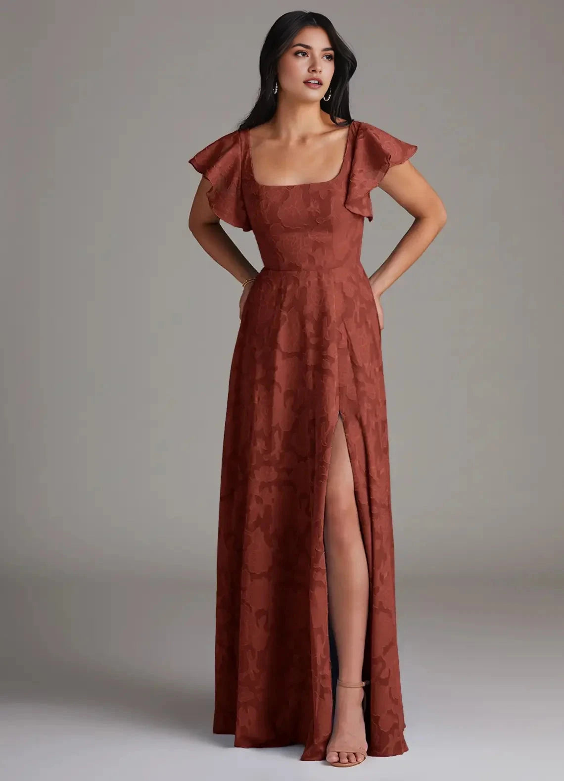 Rust Floral Jacquard Square Neck Maxi Dress with Flutter Sleeves and Side Slit Terracotta A-Line Side Slit Floral Burnout Dress Bridesmaid Dresses by YiHuiw