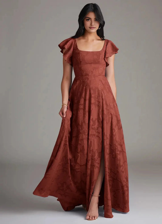 Rust Floral Jacquard Square Neck Maxi Dress with Flutter Sleeves and Side Slit Terracotta A-Line Side Slit Floral Burnout Dress Bridesmaid Dresses by YiHuiw
