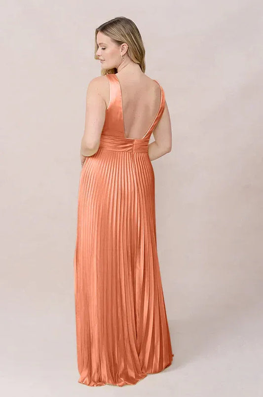 Rust A-Line V-Neck Sleeveless Pleated Wedding Dress - Yihuiw by Yihuiw