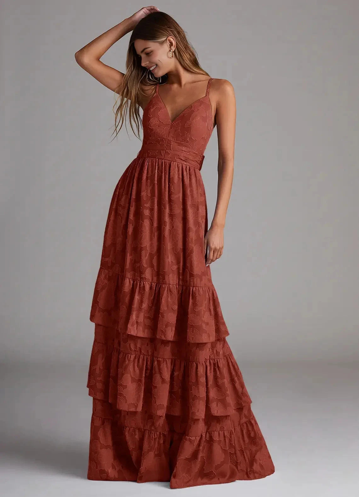 Rust Red Floral Jacquard Tiered Maxi Dress with Bow Back A-Line Bow Floral Burnout Dress Bridesmaid Dresses by YiHuiw