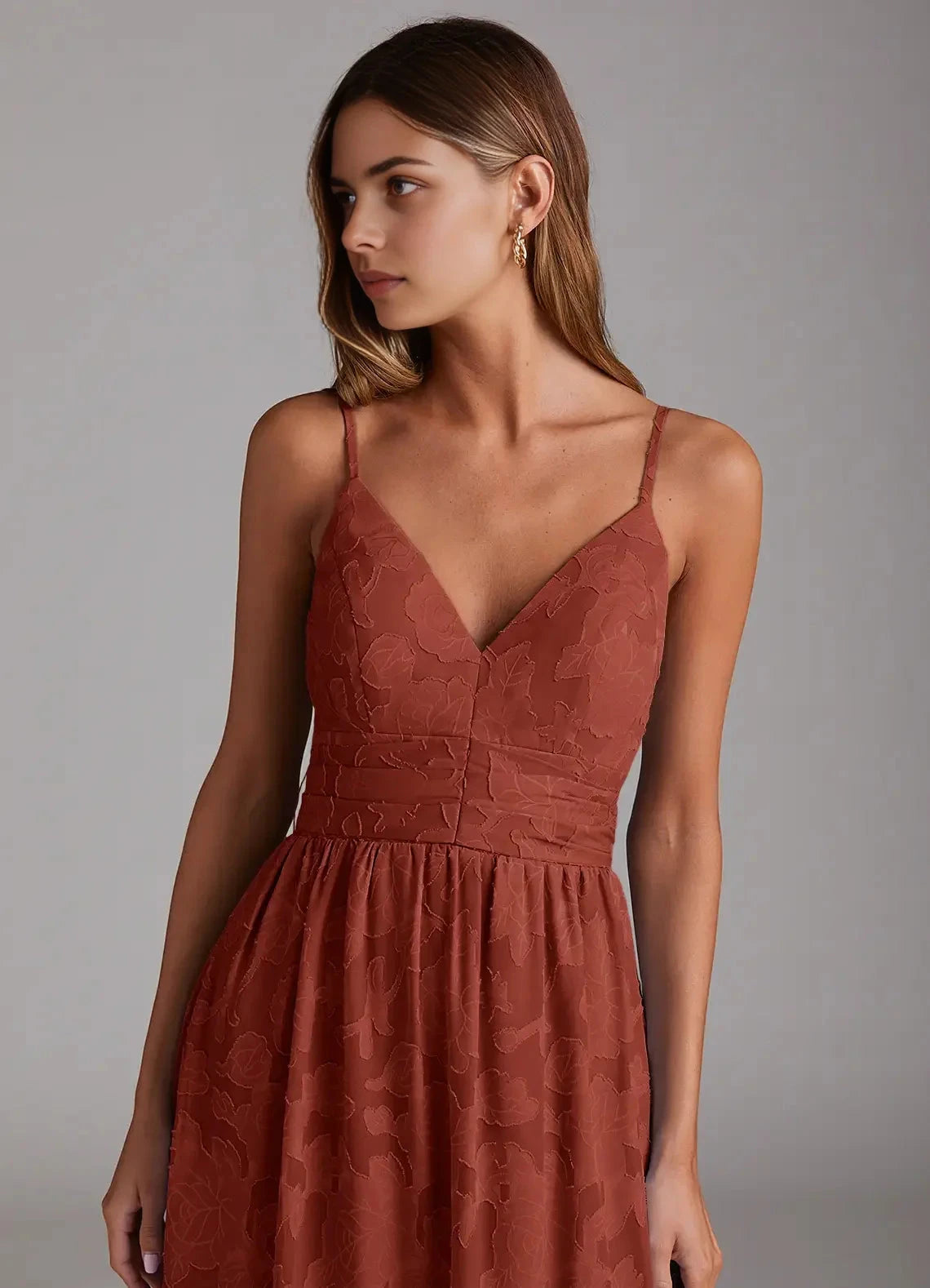 Rust Red Floral Jacquard Tiered Maxi Dress with Bow Back A-Line Bow Floral Burnout Dress Bridesmaid Dresses by YiHuiw