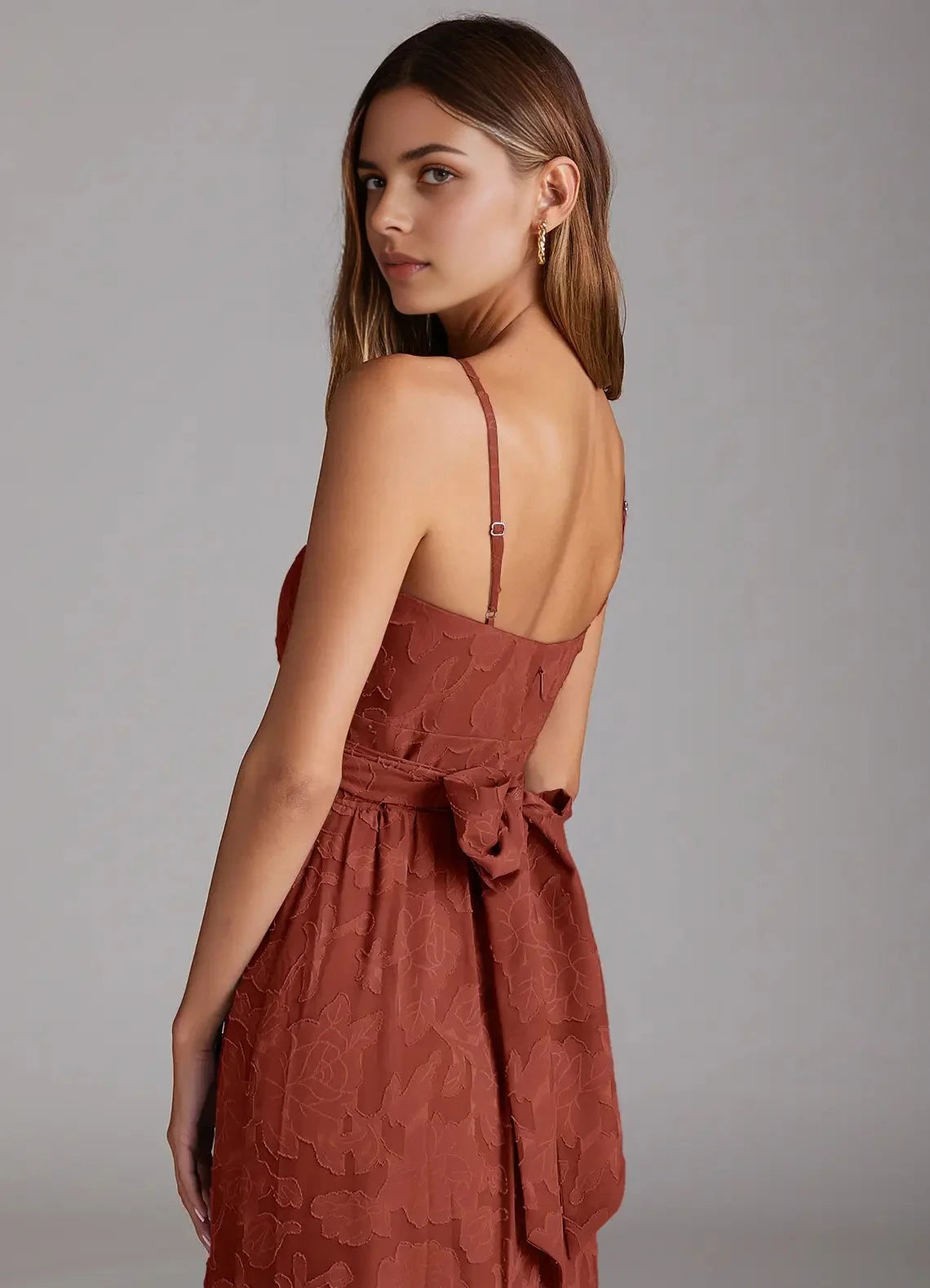 Rust Red Floral Jacquard Tiered Maxi Dress with Bow Back A-Line Bow Floral Burnout Dress Bridesmaid Dresses by YiHuiw