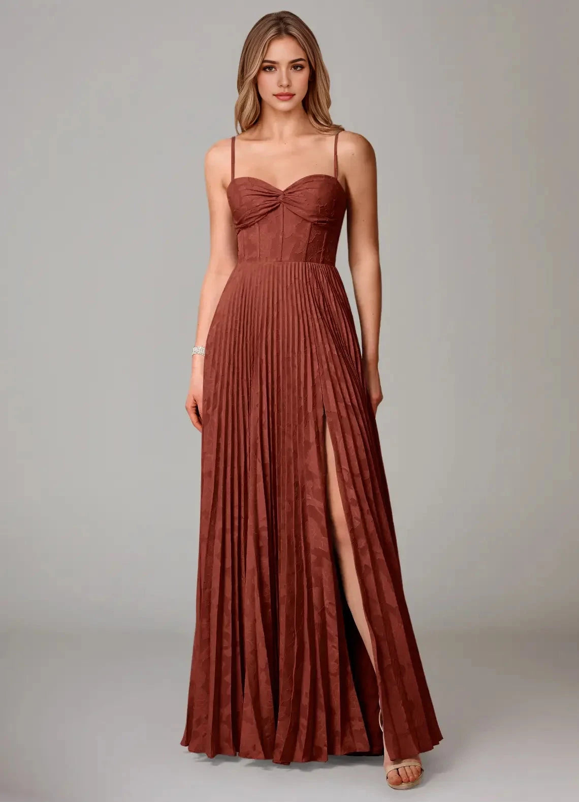 Rust Red Pleated Sweetheart Neck Maxi Dress with Side Slit A-Line Sweetheart Neckline Floral Burnout Dress Bridesmaid Dresses by YiHuiw